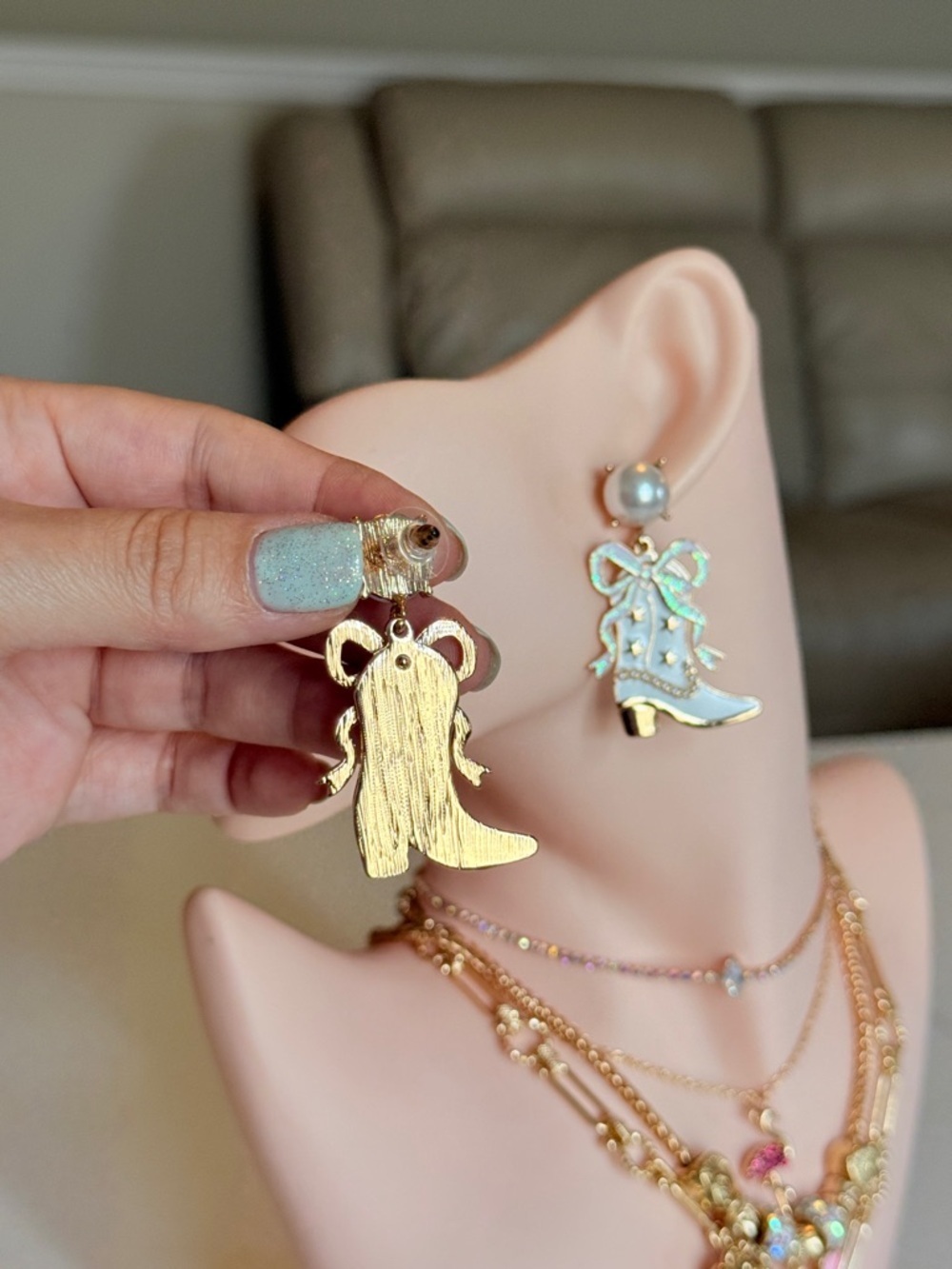 Pearl Top Blue Cowboy Boot Drop Earrings - Women Jewelry - Picture 6 of 13